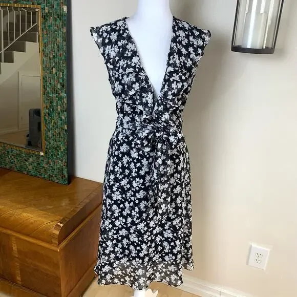 Vintage Size 12 Women's Floral Print Ruffle Dress Black White Tie Waist - Picture 3 of 16
